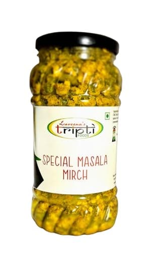 Laveena's Tripti SPECIAL MASALA MIRCH, carefully handcrafted with love by jain aunty! Rajasthani flavoured मट्ठा मिर्ची, green chilly pickle with less oil (Pack Of 1, 400 GR)