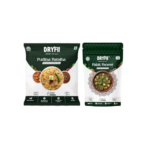 Dryfii Ready to Eat Pudina Paratha (5 Pieces, 1 Pack) & Jain Palak Paneer Combo | Freeze Dried | Refreshing Flavor | No Onion No Garlic