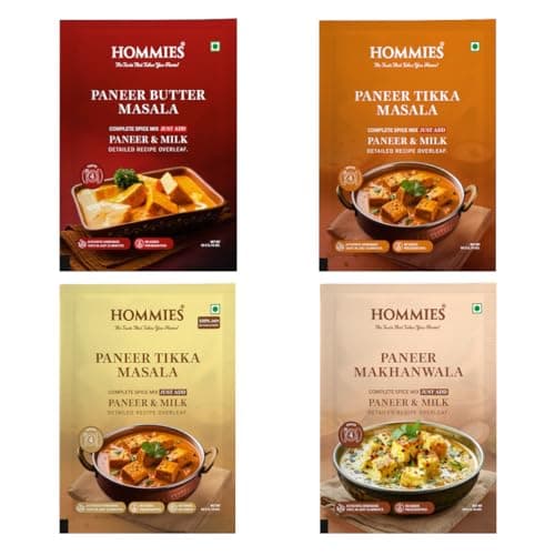 Hommies Dhaba Style Paneer Curry Spice Mix Combo (4 Varieties) | Butter Masala, Makhanwala, Tikka Masala & Tikka Masala Jain | Ready to Cook in 15 Mins | Just Add Paneer & Milk | Shahi Curry with Cashew Nuts | No Preservatives | Pack of 4 (50g Each, Total 200g) (Combo of 4-2)