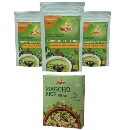 Eatfesto Almond Broccoli Soup | Healthy Instant Soup Mix | No Onion No Garlic | Jain Friendly | Ready in 1 Minute | High Nutrition & Vitamins | MAGCHO RICE (HERB) - Ready-to-Eat Flavourful Herb Pack Of 3 + 1