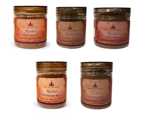 Rasikan Jain Satvik Masala Combo – Kitchen King, Sambhar, Biryani, Pasta Noodle TasteMaker, Shahi paneer (Net wt 480g) No Onion No Garlic | Freshly Ground Small Batch Spices | No Added Colour or Preservatives | Perfect for Bhog, Satvik & Everyday Cooking