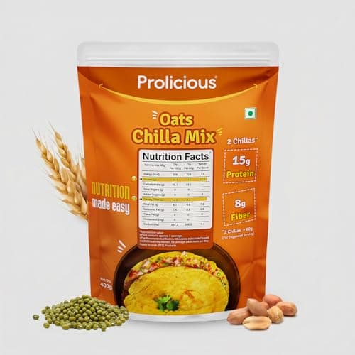 "Prolicious Oats Chilla Mix | Upgrade Your Breakfast | 15g Protein + 6g Fibre Per Serving | High Protein & Fibre Instant Breakfast, Ready in 3 Min | Tasty & Healthy Masala Breakfast | Oats, Moong & Peanut Flour | For the Whole Family | 400g