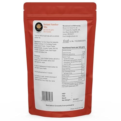 Cinch Eats (Since 1996) Instant Sambar Powder Just Add Oil, Ready Under 5 Min | Tasty Ready To Eat Sambar Mix No Garlic & Onion | No Artificial Colors/Flavours & No Preservatives (110g) — image 2