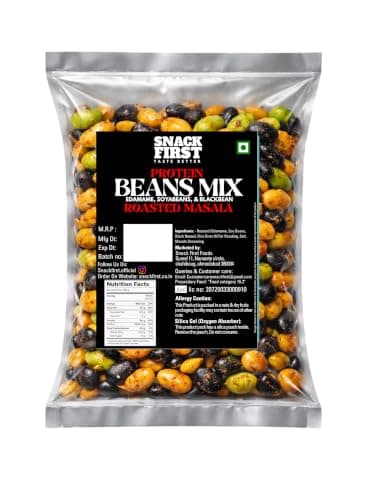 Snack First Roasted Protein Masala Beans Mix | No onion no garlic | no palm oil | 200G | 40G plant protein mixture | 3 In 1 mix | edamame, soyabeans, blackbeans | high protein | gym snack | healthy snack | crunchy & delicious | high fibre | minerals & vitamins |