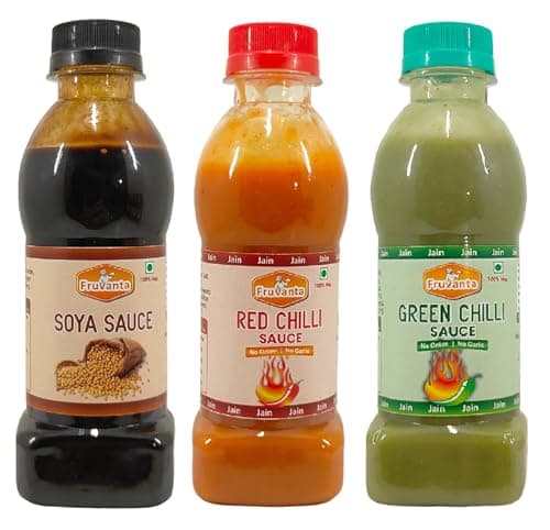 Fruvanta Jain Combo Without Onion/garlic/Potato Soya Sauce (200gm), green Chilli Sauce (200gm), Red Chilli Sauce (200gm) (Pack of 3)