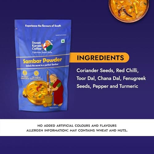 Sweet Karam Coffee Sambar Powder (Podi) – 180 grams | No Onion or Garlic | Authentic Homemade South Indian Masala | 100% Natural & Organic Ingredients | Aromatic, Healthy & Flavorful Spice Blend — image 5