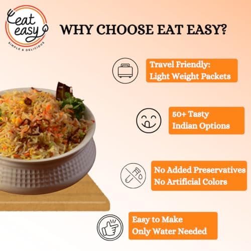 Eat Easy Ready To Eat Jain Veg Biryani- 95gm (Pack of 6) | Instant Food | Indian Meal, Travel Food | No Preservatives, No Added Artificial Colours & Flavours | Just Add Water and Cook — image 4