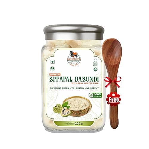 Kamdhenu Premium Sitafal Basundi | Falahari Dessert with Real Custard Apple Pulp | Divine Fasting Delight | Ready to Eat | No Preservatives | Pure Jain | Vagitrain | Vegan | Lab Tested | Energic & Healthy | Premium Organic Glass Bottle ! No Use Plastic ! (200g Pack Of 1)