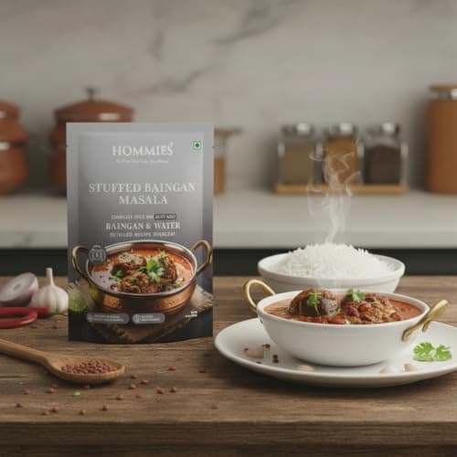 Hommies Stuffed Baingan Bharta Masala Spice Mix | Ready to Cook in 15 Mins | Just Add Eggplant & Water | Serves 4 | Authentic Curry Masala with Groundnut | No Preservatives | Pack of 4 (200g, 50g Each) — image 4
