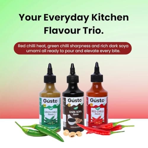 Gusto Foods Chinese Sauces Combo | Red Chilli 200gm + Green Chilli 190gm + Soya Sauce 210gm | Asian Sauces Combo | Ideal for Fried Rice, Noodles, Paneer & Vegetables | No chopping or Prep needed — image 3