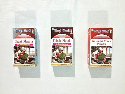 Desi Dadi Premium Indian Spice Combo, Chaat Masala, Chhole Masala, Kashmiri Mirch Powder, No Onion No Garlic, 100g Each