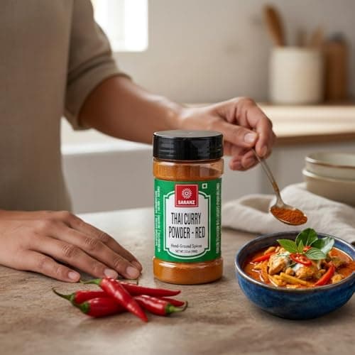 SARANZ Thai Red Curry Powder (Jain), 100g Sprinkler Jar | Authentic Thai Style Spice Blend, For Soups, Stews, Broths, Rice & Noodles, No Added Colours — image 4