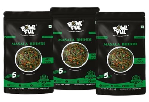 Bowlful Jain Masala Bhindi | Natural Ingredients | Ready-to-Eat Meal | Spiced Okra Curry Made Without Onion & Garlic | 80g Net Weight (180g After Rehydration) | Pack of 3 | No Added Preservatives & Colours | Microwaveable