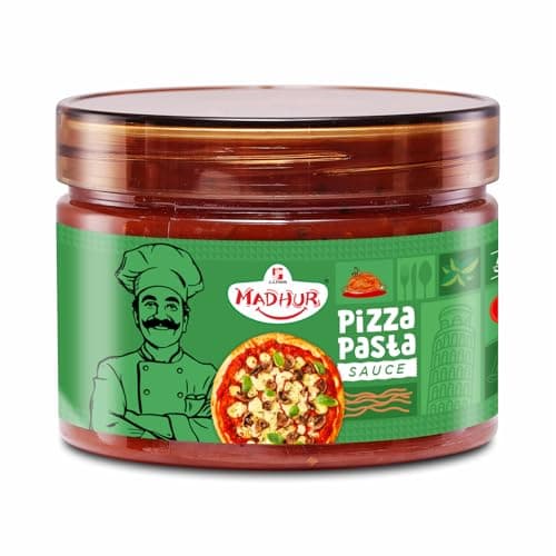 MADHUR Pizza Pasta Sauce - 300g Jar - Authentic Tomato-Based Italian Style Sauce - No Onion No Garlic - Tangy & Savoury Flavour - Ideal for Pizza, Pasta, Dips - 100% Vegetarian - Made in India