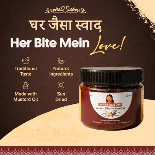 Achar Wali Didi Lemon Khatta Meetha Pickle | Homemade Oil-Free Nimbu ka Achar with No Onion or Garlic | Traditional Lemon Chunda Style Sweet & Sour Pickle | Didi's Taste, Indian (500g) — image 3