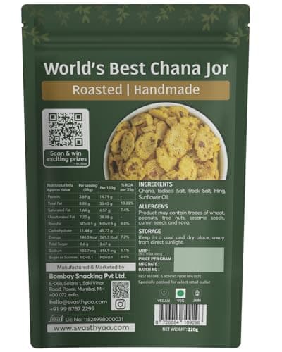 Svasthyaa Roasted Chana Jor Garam Healthy Snack for Kids & Adults | Crispy Channa Namkeen, High Protein, Gluten Free | Vegan Jain Snack with Sea Salt & Hing | No Palm Oil, No Added Sugar 220g - Pack of 3 — image 3