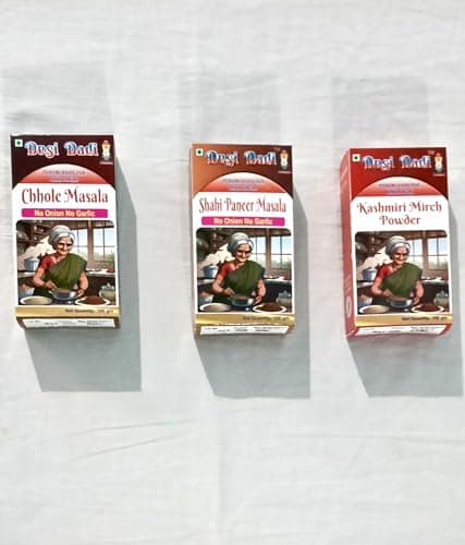 Desi Dadi Premium Indian Spice Combo Pack, Chhola Masala, Shahi Paneer Masala, Kashmiri Mirch Powder, No Onion No Garlic, 100g Each
