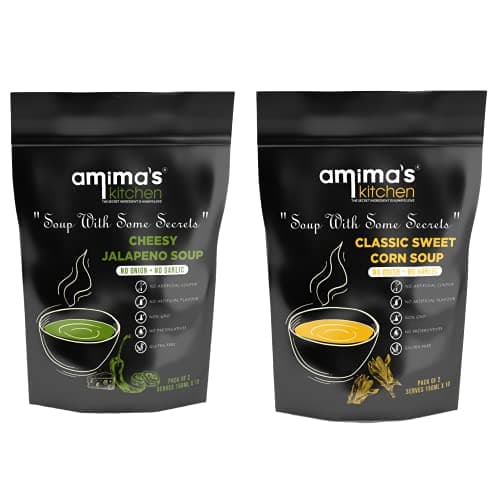 Amima's Kitchen Combo Of Cheesy Jalapeno + Classic Sweet Corn Jain Soup (No Onion No Garlic) - 100 Grams (Pack of 2) | Instant Soup Mix Powder | Ready To Cook | No Artificial Flavour & Colour | Gluten Free | Non GMO | Healthy Soup