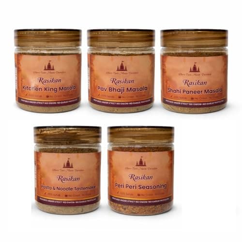 Rasikan Jain Satvik Masala Combo – Peri Peri, Kitchen King, Pasta Noodle, Pav Bhaji, Shahi Paneer(400g) | No Onion No Garlic | Freshly Ground Small Batch Spices | No Added Colour or Preservatives | Perfect for Bhog, Satvik & Everyday Cooking
