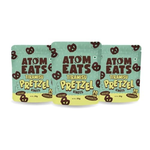 Atom Eats | Tiramisu Pretzels 30g - (Pack of 3) | Coffee & Cocoa Coated Dipped Pretzel Knots | Rich Choco - Perfect Gourmet Snack for Sharing, Parties - Imported Chocolates, Versatile Delight | 100% Baked | Preservative Free