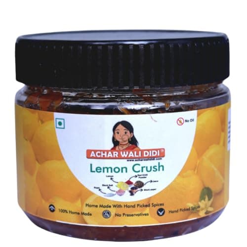 Achar Wali Didi Lemon Crush Pickle Khatta-Meetha in Fresh Homemade Oil-Free Nimbu ka Achar with No Onion or Garlic Traditional Lemon Chunda Style Sweet & Sour Pickle No Chemical Preservatives (300g)
