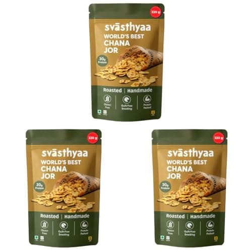 Svasthyaa Roasted Chana Jor Garam Healthy Snack for Kids & Adults | Crispy Channa Namkeen, High Protein, Gluten Free | Vegan Jain Snack with Sea Salt & Hing | No Palm Oil, No Added Sugar 220g - Pack of 3