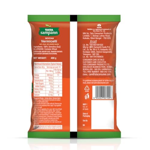 Tata Sampann Unroasted Vermicelli, Protein Rich Seviyan, Made with Suji, No Added Maida, Source of Dietary Fibre, 400g — image 2