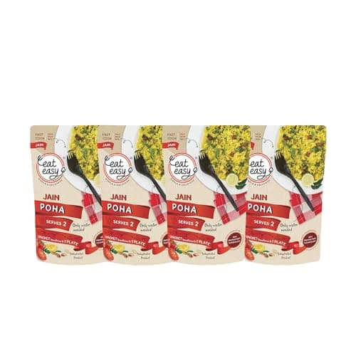 Eat Easy Ready To Eat (Pack of 4) Jain Poha, 100gm of 1 Pack, Instant Food, Indian Meal, Travel Food, No Preservatives, No Added Artificial Colours & Flavours, Just Add Water and Cook