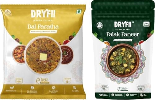 Dryfii Ready-to-Eat Dal Paratha (5 Pcs Parathas) with Jain Palak Paneer | Veg Combo Meal | Pure Vegetarian