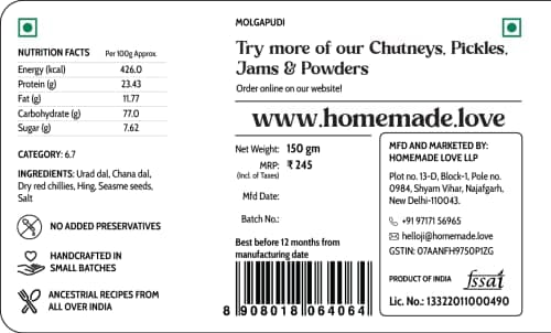 Homemade Love Idli Chutney Powder (150g)| South Indian style Molgapudi | Instant Gunpowder Chutney | Perfect for Idli, Dosa, Appam, Rice, Chapati, and Roti | No Added Onion and Garlic — image 2