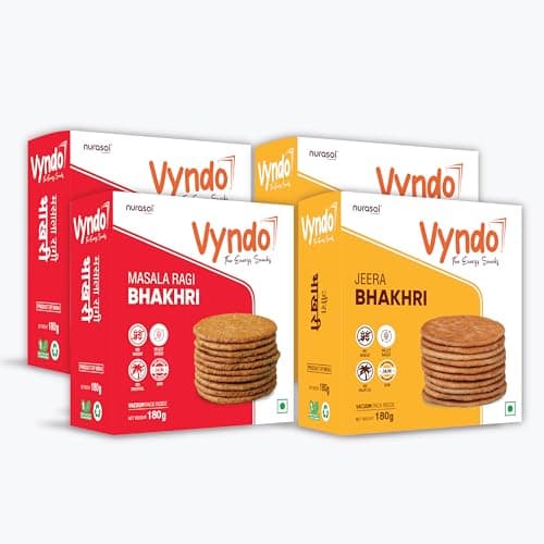Vyndo Jain Bhakhri Combo - (Jeera Pack of 2 + Masala Pack of 2) No Garlic, No Onion, Protein-Rich Millet Snack, Gluten-Free, Wheat-Free, No Palm Oil | Healthy Ready-to-Eat Energy Crisps for Adults & Kids.