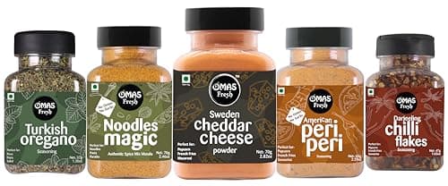 Omas Fresh Multi Seasoning Jain (No Garlic No Onion) Combo | Cheddar Cheese Powder 70g, Jain Peri Peri Masala 65g, Magic Noodles Masala 70g, Oregano Flakes 37g And Chilli Flakes 47g For Pizza, Soup, Popcorn And More Delicious Dishes | Zero added Colours, Fillers, Additives & Preservatives (Pack Of 5)