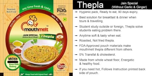 Mouthmelt Jain Special Thepla Pack of 4 | Ready to Eat,Rosted, Not Fried | without Garlic & Ginger | 3 Month Shelf Life- Free Green Chutney - Gujarati Snack (200G x 4 Packets, 6 pcs in 1 pack) - 800 Grams — image 6