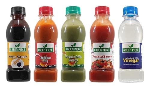 Green Piece Jain Sauce Combo of Soya,Tomato,Green Chilli,Red Chilli and Vinegar (Pack of 5) Sauce (1000 ml)