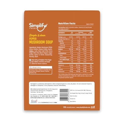 Simplify Foods Pepper Mushroom Instant Soup | Pack of 2 Single-Serve Sachets (Each Makes ~125 ml) | Made with 70% Real Mushroom & Cracked Pepper | Just Add Hot Water | Travel-Friendly | Clean Label | 0% Additives or Preservatives — image 2