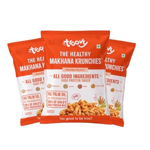 Troovy Makhana Krunchies (Pack of 3)| Natural Ingredients, Made with Makhana, Jowar, Chana Dal, Soy Protein, Ragi & Quinoa | Baked Snacks | 70gm x 3