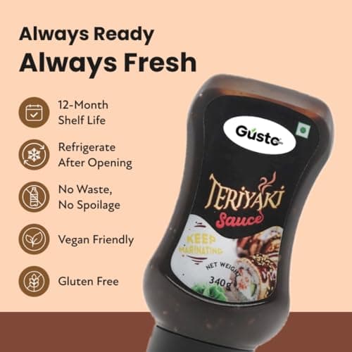 Gusto Foods Teriyaki Sauce (340g), Premium Japanese Style Teriyaki Sauce, Perfect for Marination, Stir Fry, Glazing, Balanced Vegan Sweet & Sour Zingy Dipping Sauce with Umami and Sesame Flavors — image 7