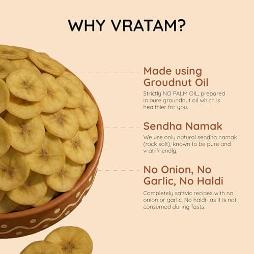 Vratam Banana Chips | Thinnest Fasting Wafers for Navratri | Pure Vrat Friendly Sendha Namak Banana Chips | No Onion No Garlic No Palm Oil | Healthy Jain Friendly Snacks Namkeen | 60G (pack of 1) — image 7