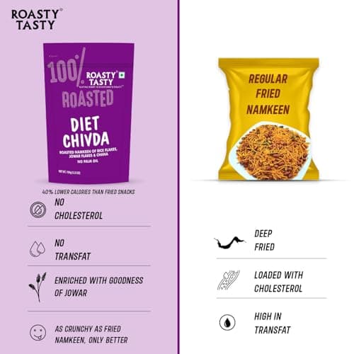 Roasty Tasty Diet Chivda | Gluten-Free Roasted Chiwda with Rice & Jowar Flakes | No Onion No Garlic Millet Namkeen | Light & Crunchy Tea-Time Roasted Non Fried Snack | Low Calorie Palm Oil Free Namkeen | 100g x 4 Packs | Indian Mixture — image 4