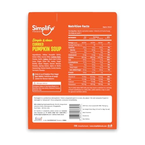Simplify Foods Curried Pumpkin Instant Soup | Pack of 2 Single-Serve Sachets (Each Makes ~125 ml) | Made with 62% Real Pumpkin | Just Add Hot Water | Travel-Friendly | Clean Label | 0% Additives or Preservatives — image 2