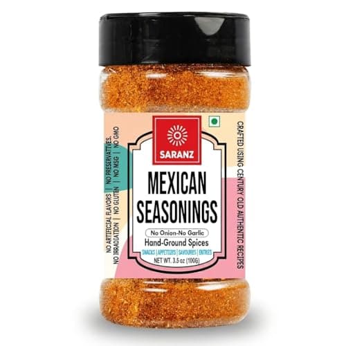 SARANZ Jain Mexican Seasoning | All-Purpose No Onion No Garlic Mexican Spice Mix | For Burritos, Quesadillas, Rice Bowls, Nachos, Fajitas and Pasta | Vegan, Gluten-Free, Dairy-Free | 100g