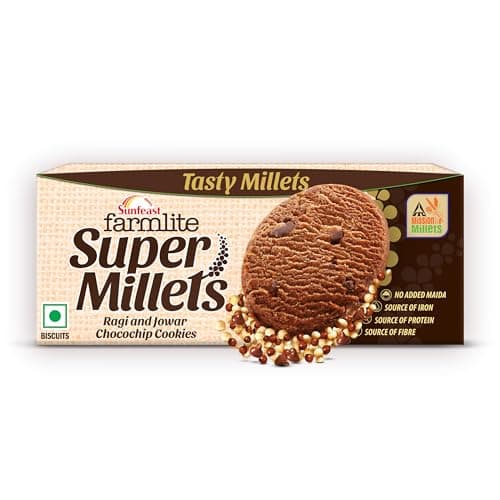 sunfeast Farmlite Super Millets Ragi and Jowar Chocochip Cookies, Delightfully Tasty & Crunchy, Made with No Added Maida, Millet Biscuits, 75g