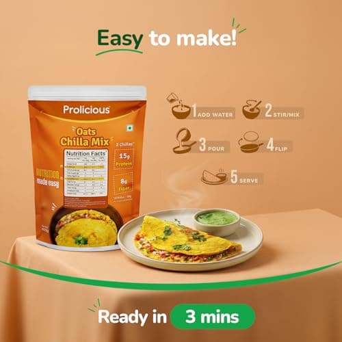 "Prolicious Oats Chilla Mix | Upgrade Your Breakfast | 15g Protein + 6g Fibre Per Serving | High Protein & Fibre Instant Breakfast, Ready in 3 Min | Tasty & Healthy Masala Breakfast | Oats, Moong & Peanut Flour | For the Whole Family | 400g — image 5