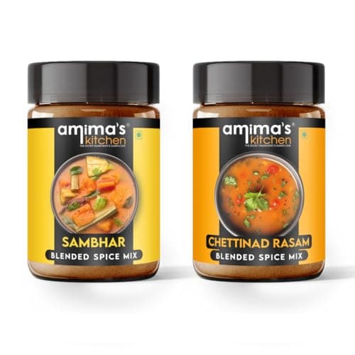 Amima's Kitchen Combo Of Sambhar + Chettinad Rasam Jain Spice Mix (No Onion No Garlic) – 100 Grams (Pack of 2) | Blended Spice Mix | For Healthy and Delicious Cooking | No Synthetic Flavour & Color | Ready Masala Powder