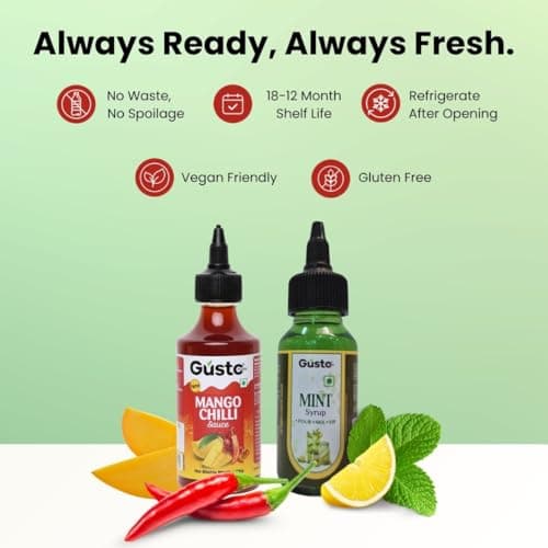 Gusto Foods Mango Chilli Mint Delight (Mango Chili + Mint Syrup) | Salad Dressing, Dipping Sauce & Seasoning | For Iced Teas, Mocktails, Cocktails Drinks, Juices | Refreshing Flavour Concentrate — image 6