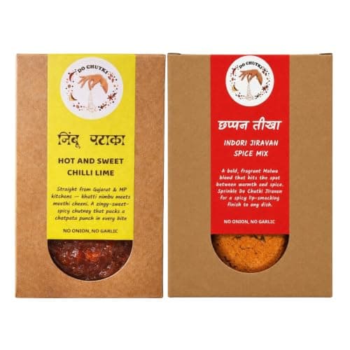 Do Chutki Indori Swad Combo | Nimbu Pataka Hot Sweet Chilli Lime Chutney 200g + Chhappan Teekha Indori Jiravan Masala Powder 100g | No Onion No Garlic | No Preservatives | Pack of 2