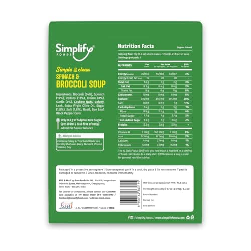 Simplify Foods Spinach & Broccoli Instant Soup | Pack of 2 Single-Serve Sachets (Each Makes ~125 ml) | Made with 34% Real Spinach & Broccoli | Just Add Hot Water | Travel-Friendly | Clean Label | 0% Additives or Preservatives — image 2