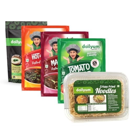 Dailyum Instant Soup Combo of 5| No Onion No Garlic | Hot & Sour Soup 50g | Tomato Soup 50g | Manchow Soup 50g | Cheese Broccoli 50g | Crispy Fried Noodles 200 Gram| Jain