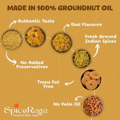 SpiceRaga | Bikaneri Bhujia, Dalmoth, Mix Namkeen, Hing Masala Peanuts, Bhajni Chi Chakli, Crunchy Sev (Pack of 6)| Made With Pure Groundnut Oil | No Palm Oil | No Trans Fat | Indian Snacks Combo | Total 920g | — image 6