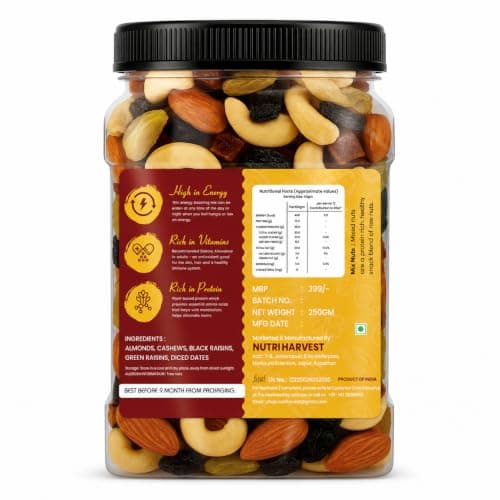 NUTRI HARVEST Premium Dry Fruits Mix pack (Panch Mewa Mix) , Natural Blend of Almonds, Cashews, Black and green Raisins and diced Dates| Fit for Fasting 2*250 (500gram)| (Re-sealable pack for freshness) — image 2